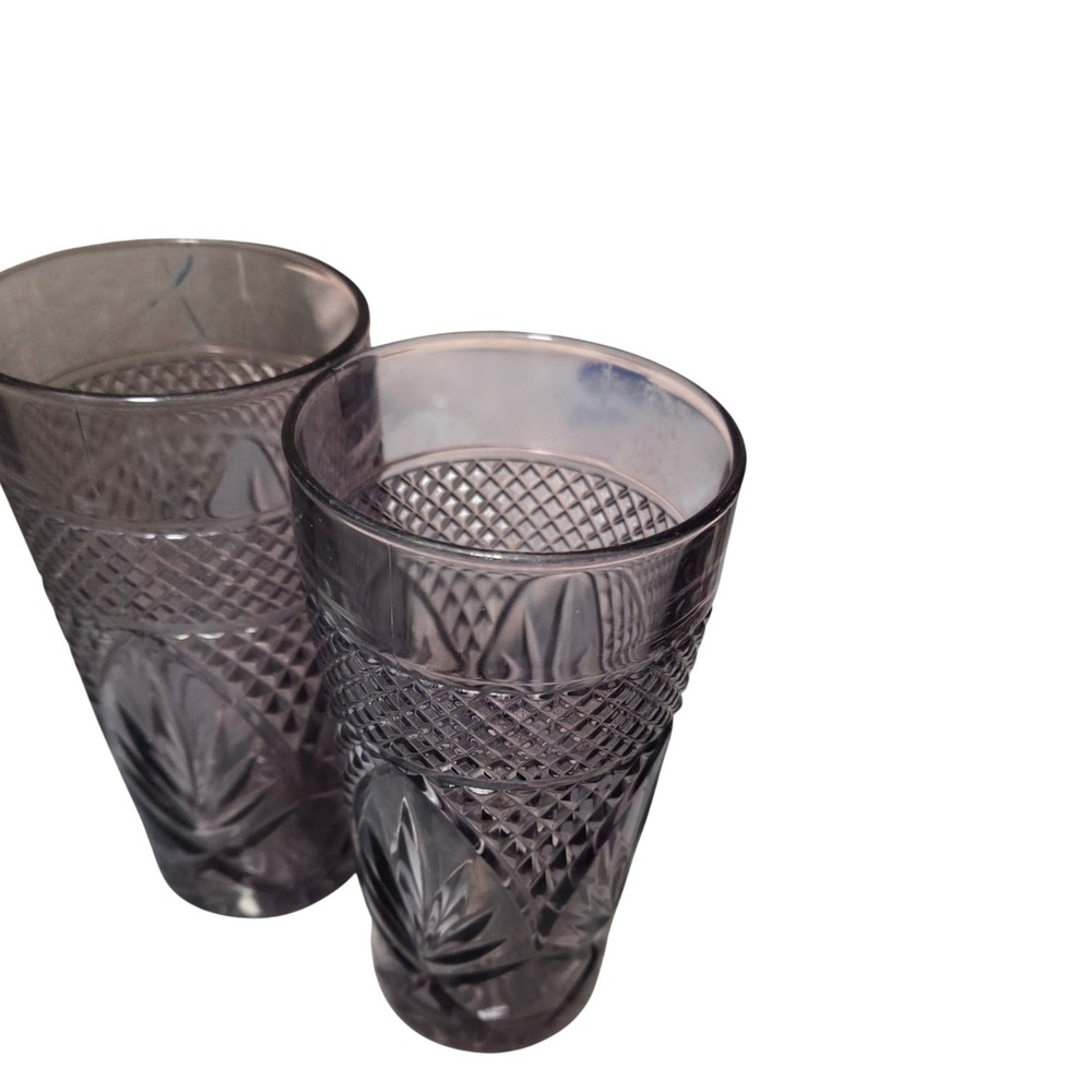 Vintage Amethyst Purple Pressed Glass Tumblers Set of 2 Cut Glass Pattern